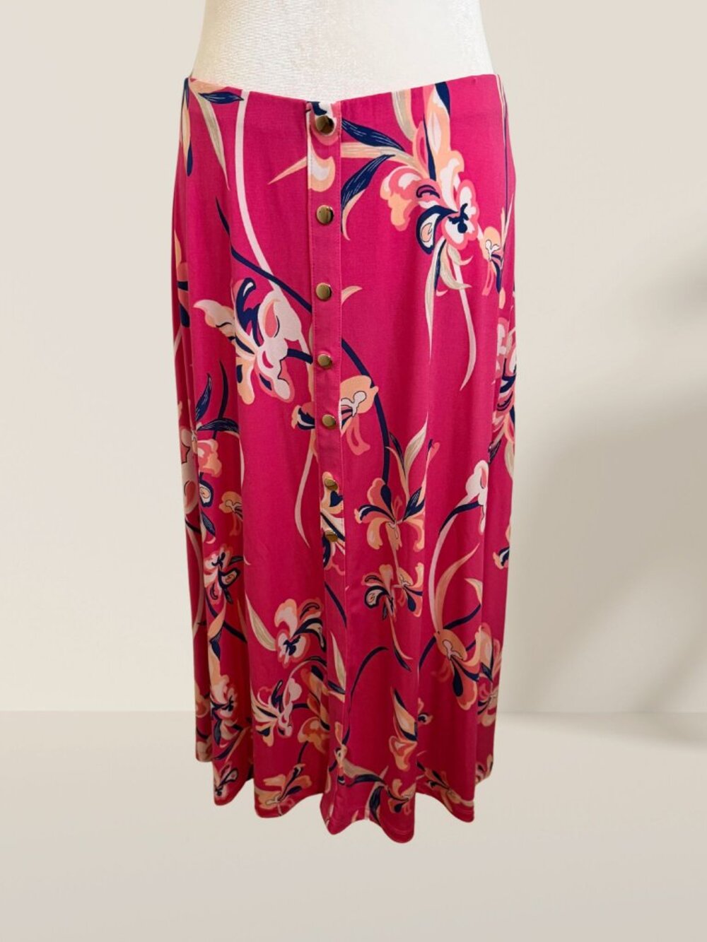 JM Collection Pink Tropical Floral Button Front Midi Skirt Size M | Flowy Boho